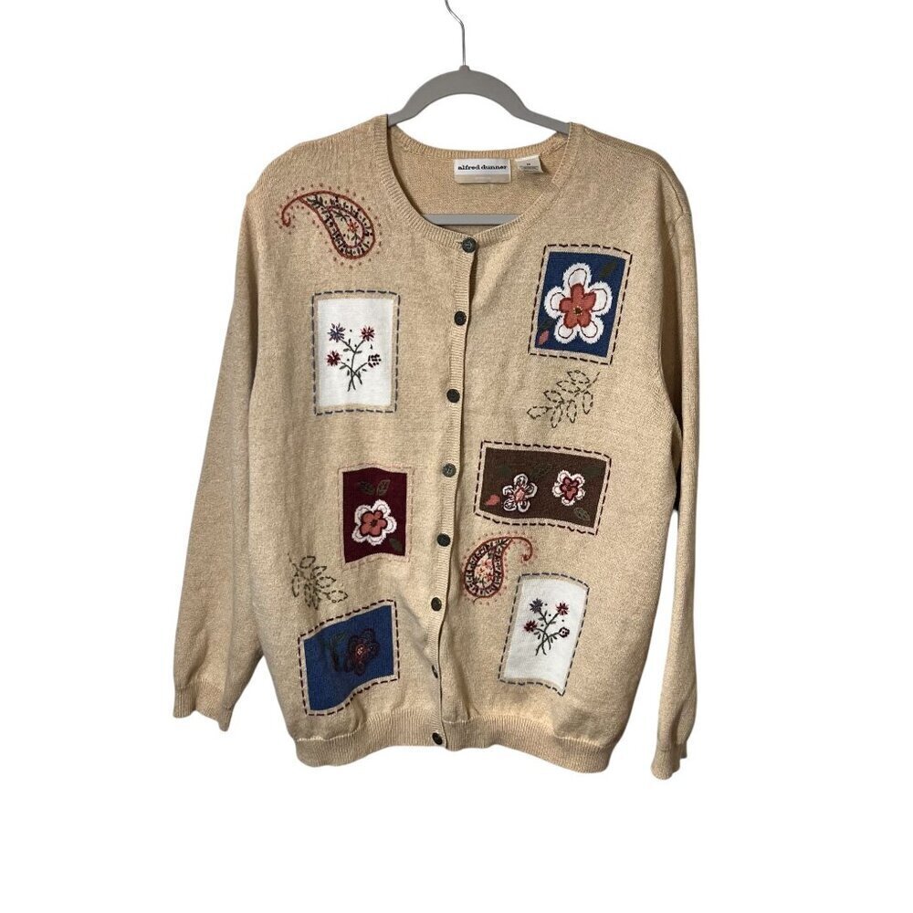 Alfred Dunner Womens Plus Size 2X Beige Cardigan With Floral & Paisley Embroider
